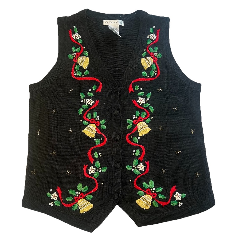 VTG‎ Victoria Jones Christmas Knit Vest Beaded Embroidered Womens Medium Holiday